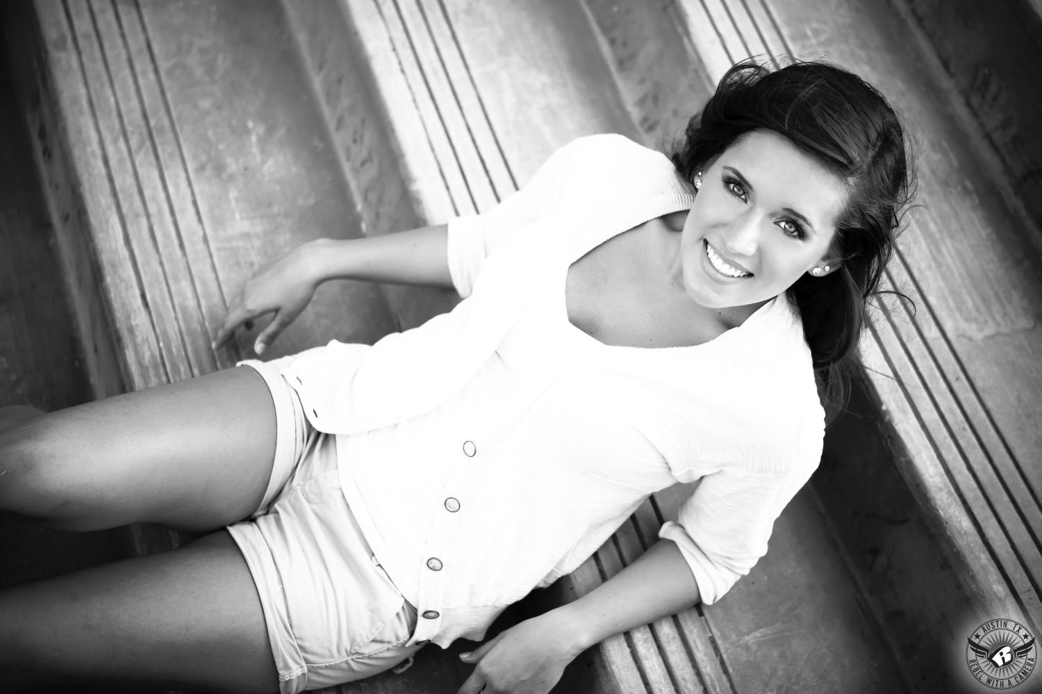 Picture of girl on stairs at the Long Center by Austin senior portrait photographer.