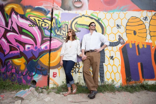 engagement couple at graffiti wall