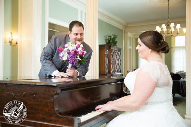 Fun wedding pictures at the Texas Federation of Women's Clubs Mansion - bride plays piano for groom - Vain Salon - Nicole Schultz Make-Up - Freytag's Florist - Belle Saison Bridal Salon